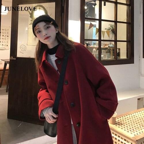 JuneLove Wool Blend Woolen Coat Front Single Breasted Button Pocket Straight Overcoat Trench Korean Long Cute Autumn Outwears