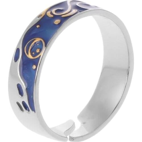 2Pcs Van Gogh Blue Starry Sky Open Lover Rings Band Jewelry