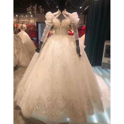 2021 New Design Gorgeous High Neck Ball Gown Wedding Dress Off The Shoulder Crystals Beads Real Work Bridal Wedding Dresses