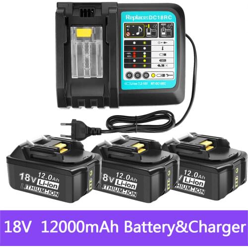 Makita 18V Battery 12000mAh Rechargeable Power Tools Battery with LED Li-ion Replacement LXT BL1860B BL1860 BL1850+3A Charger