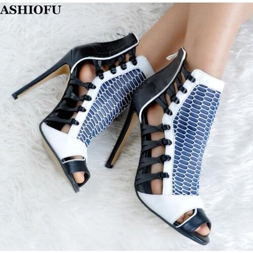ASHIOFU New Design Handcrafted Womens High Heel Pumps Patchwork Peep-toe Sexy Party Dress Shoes Evening Fashion Sandals Shoes