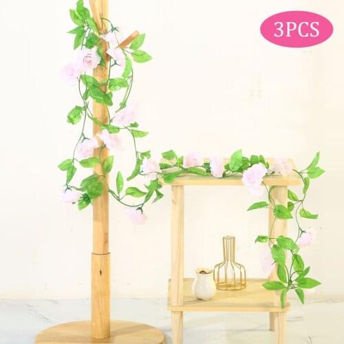 Behogar 3PCS Artificial Silk Roses Flowers Rattan Vine Hanging Garland for Home Wedding Garden Party Decoration 87in Pink