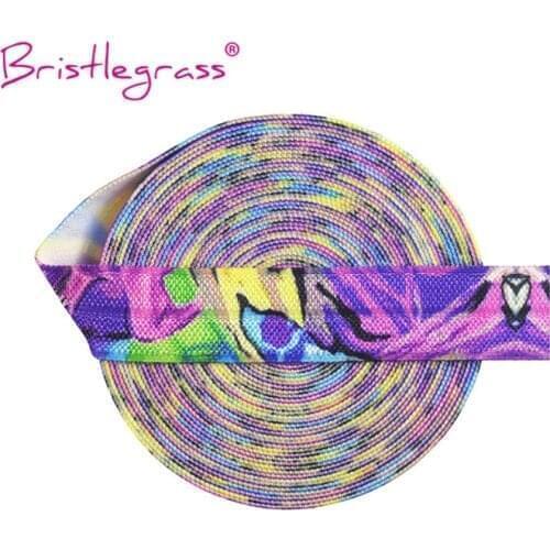 BRISTLEGRASS Wholesale 50 Yard 5/8" 15mm Purple Abstract Print FOE Foldover Elastic Spandex Satin Band Hair Tie Dress DIY Sewing