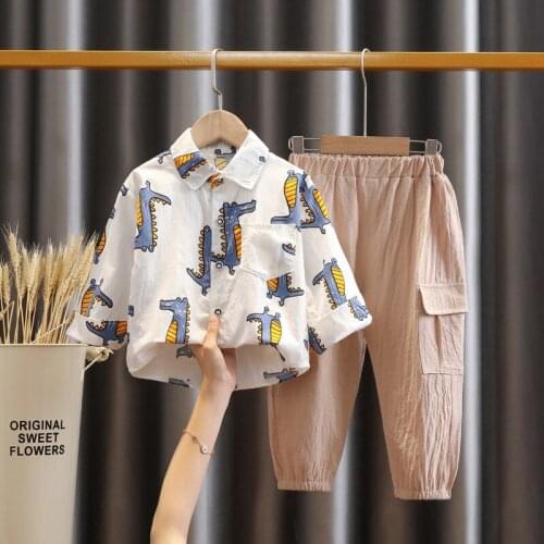 Childrens Clothing Early Autumn Thin Two-piece Suit 2020 New Baby Boys Cartoon Dinosaur Shirt Boys Suit Kids Clothes 1-5 Years
