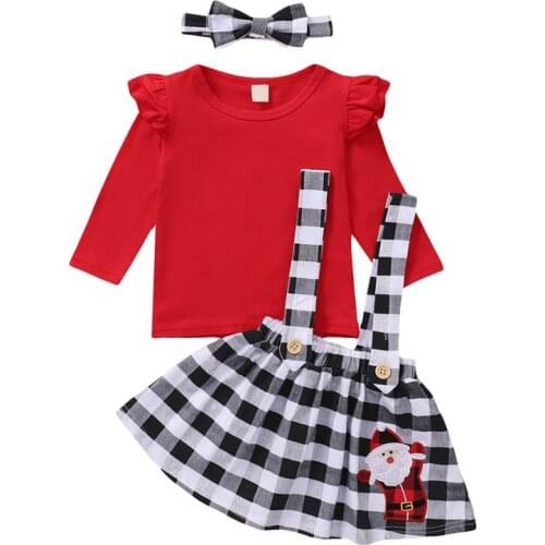 Kids Baby Girl’s Skirt Three Piece Suit Fashion Solid Color Long Sleeve Top Santa Claus Embroidered Suspender Skirt and Headband