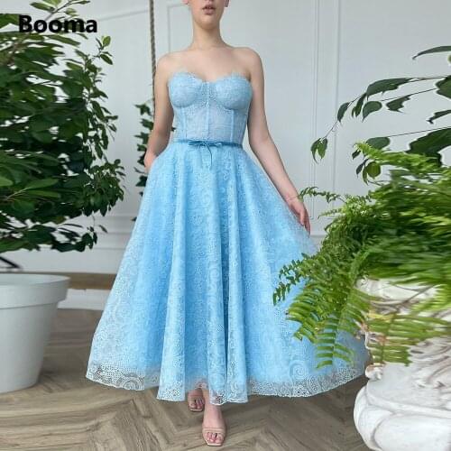 Booma Baby Blue Lace Prom Dresses 2021 Sweetheart Ankle-Length A-Line Wedding Party Dresses with Belt Graduation Dresses