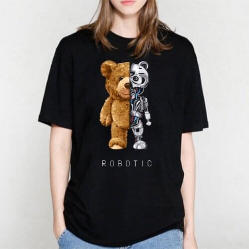 BLINGPAW Minimalist Teddy Bear Robot Robotic Print T-shirt Women White Cotton Women Top&Tees Summer Femme Custom Tee Shirts