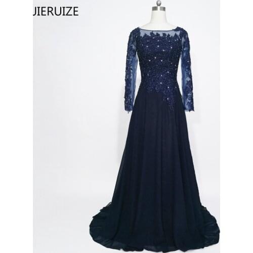 JIERUIZE Dark Navy Blue Long Sleeves Evening Dresses Lace Appliques Beaded Formal Dresses Mother of the Bride Dresses