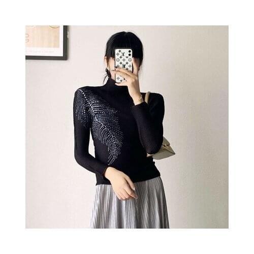 HOT SELLING Miyake fold turtleneck Black print long sleeve T-shirt joker cultivate ones morality tofu fold T-shirt IN STOCK