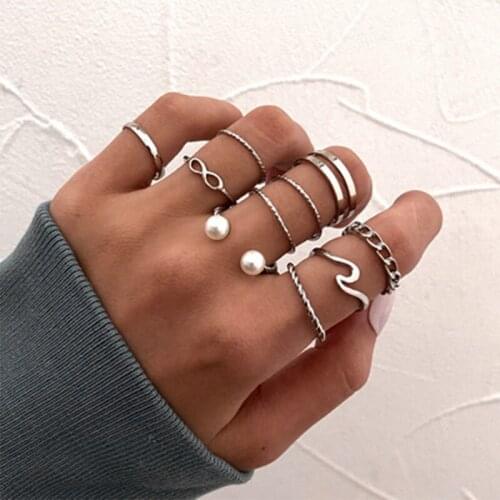 Fashion Geometric Twist Hollow Open Ring Boho Gold Silver Color Pearl Rings Set for Women Joint Finger Rings Charm Jewelry