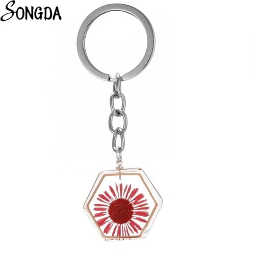 Fashion Eternal Flower Serie Keychain Transparent Glass Hexagon Style Keychain Elegant and Beautiful Art Design Backpack Pendant