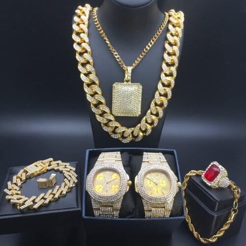 Men Luxury Gold Watch Hip Hop Men Watch & Necklace & Bracelet & Ring & Earrings Combo Set Ice Out Cuban Necklace Chain For Men