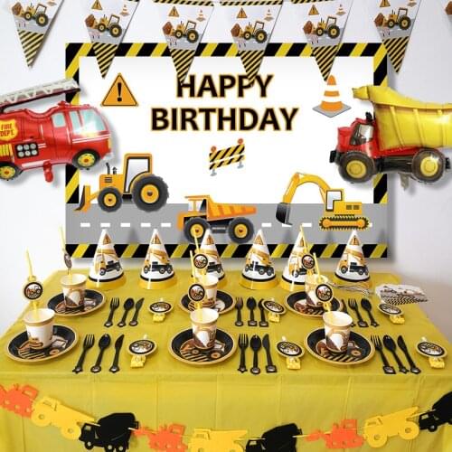 Construction Engineering Vehicle Theme Party Disposable Tableware Set Cup Plate Napkin Tablecloth Decoration Kids Favor Supplies