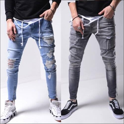 QNPQYX New Autumn Mens Hole Denim Pants Slim Fit Ripped Side Stripe Jeans Feet Pants Street Hip Hop Mens Leg split Jeans