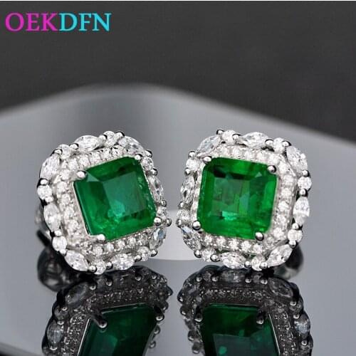 OEKDFN Real 925 Sterling Silver Stud Earrings For Women Luxury Emerald Gemstone Party Wedding Fine Jewelry Anniversary Gift