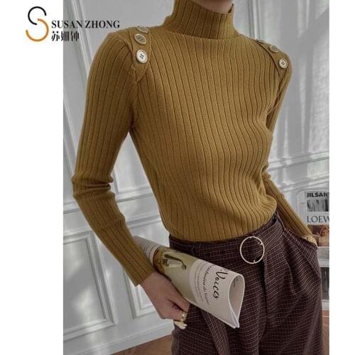 Women Pullovers Female Sweater Ladies Knitwear Tops 2021 Spring New Romantic Vintage Elegant Turtle Neck Buttons Slim Designer