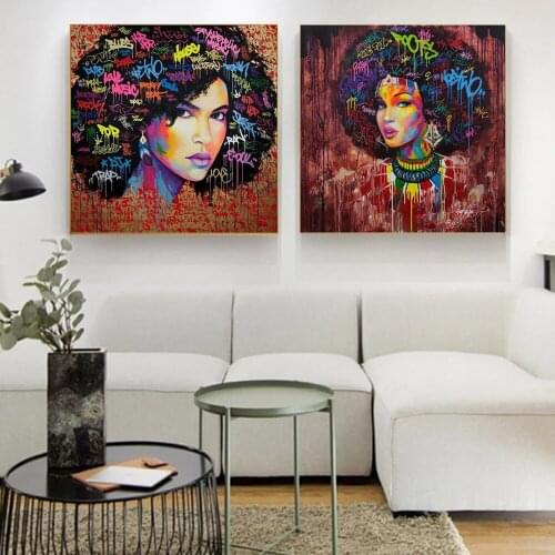 Fluffy Hair African Graffiti Art Women Canvas Painting Wall Art Posters Prints Wall Picture for Living Room Home Cuadros Decor