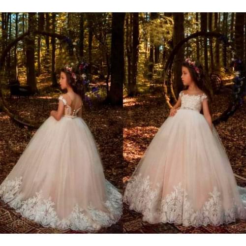 Pageant Lolita Champagne Tulle Ball Gown Flower Girl Dresses Kids First Communion Party Princess Beading Sash Girls Dresses