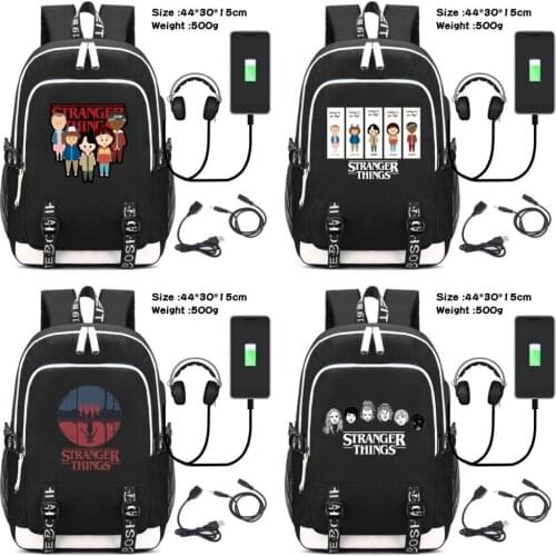 Stranger Things Dustin Backpack USB Charging Headphone Canvas Rucksack Teenager Student Zip Cartoon Schoolbag Travel Laptop Bag