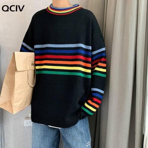 Sweaters Men Pullovers Rainbow Striped Leisure Chic Ins Knitted Retro Fall Loose Mens XXL Korean Fashion Harajuku Streetwear New