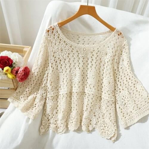 Women Beach Cover Up Crochet Hollow Out Tops Summer Swimwear Fashion Beach Wear Pullover T shirt Femme