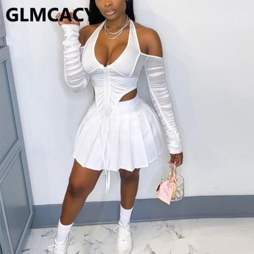 Women Two Piece Chic Dress Suits Long Sleeve Halter Crop Top & Pleated Mini Skirt Set