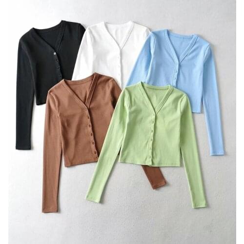 YOZOU Women Vintage Bm Style Single Breasted Botton Up Ribbed Solid Long Sleeve Crop Top Tee for Female YL-481