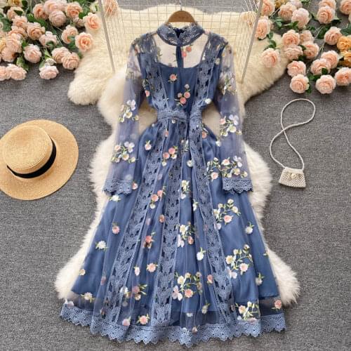 Spring Autumn Runway Flower Embroidery Dress Womens Flare Sleeve Stand Floral Blue Hollow out Embroidered Long Mesh Dresses