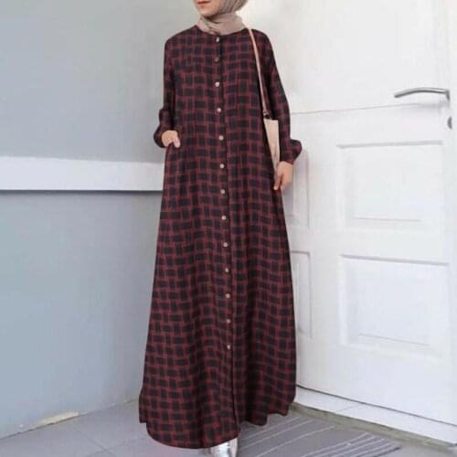 Donsignet Woman Dress Muslim Fashion National Long Sleeve Loose Cardigan Plaid Cotton-Linen Dubai Abaya Turkey Eid Muslim Dress