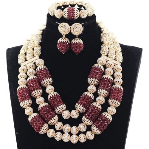 2017 Fabulous Burgundy Wine Nigerian Wedding Crystal Jewelry Sets Women Costume Bride Gold Statement Necklace Set ABH563