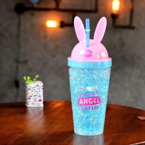 450ML Kawaii Drinking Straw Bottle Creative Cute Rabbit Ice Cup Kpop Fashion Double Straw Plastic Cartoon Mug For Girl