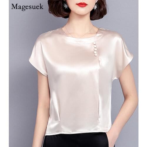 Plus Size 4XL Loose Chiffon Blouse Shirt Women O-Neck Short Sleeve Summer Tops Solid Silk Oversized Shirt Women Blusas 0425 40