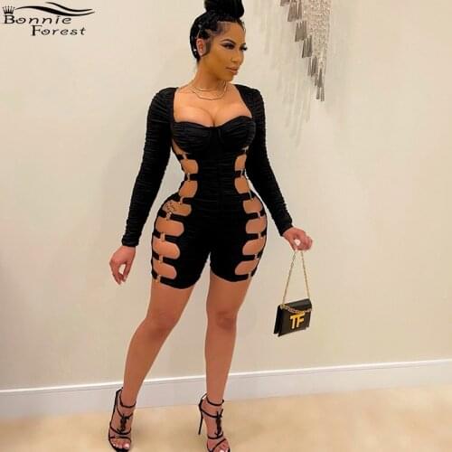 Bonnie Forest Hot Womens Hollow Out Short Jumpsuits Skinny Ruched Playsuit Workout Active Wear Biker Shorts Romper Rave Outfits