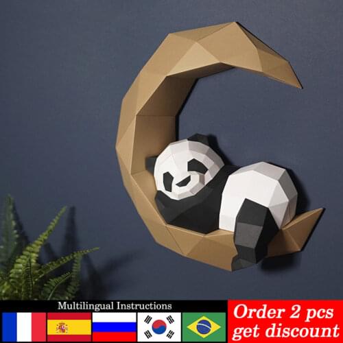 Pre-cut Moon Panda Animal Paper Model Wall Decor 3D Decoration,Low Poly Papercraft,Handmade DIY Adult Origami Craft Toy RTY126