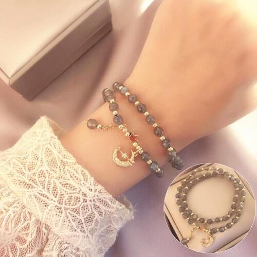 Natural Stone Beads Handmade Vintage Bracelet For Women Jewelry Garnet Moonstone Strawberry Quartz Bead Bracelet Moon Pendant