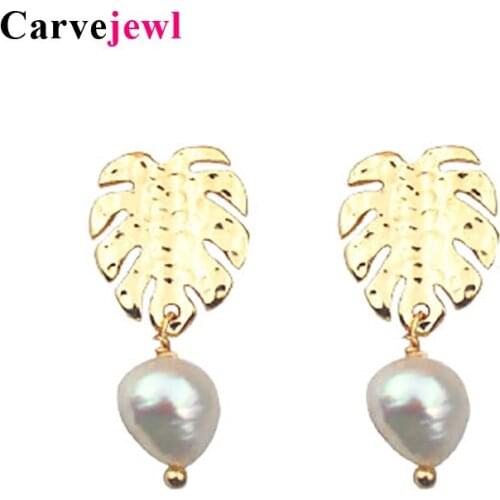 Carvejewl Korea design Gold plating Coconut Palm Leaf Drop Earrings Baroque Irregular simulated Pearl Earrings for Women jewelry