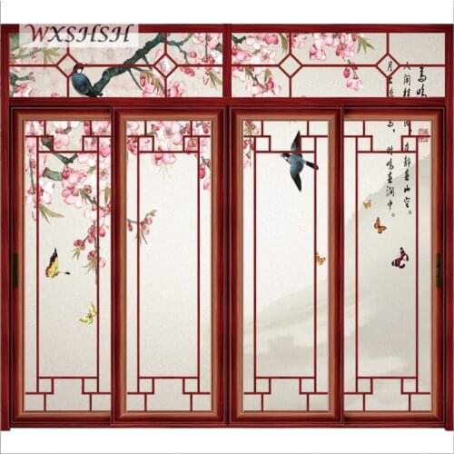 Customized Size Decorative Window Cover Static Cling Chinese Style Birds And Flowers Painting Window Doors Decoration 40cmx100cm
