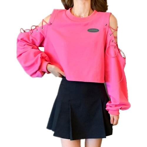 Harajuku Women Off Shoulder Hollow Out Drawstring Bandage Long Sleeve Sweatshirt Casual Pullover Short Hoody Street Fashion Top