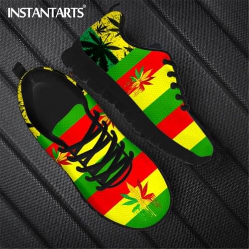 INSTANTARTS 2021 New Fashion 3D Green Weed Leaves Printed Ladies Flat Shoe Comfort Lightweight Sneaker for Women Lace up Zapatos