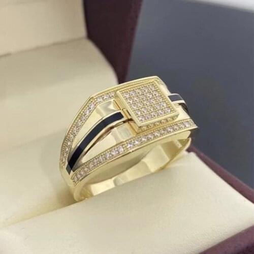 Hot Trendy Black Epoxy Stripes Gold Color Rings For Men Luxury Zircon Male Jewelry Engagement Party Birthday Valentine Gifts