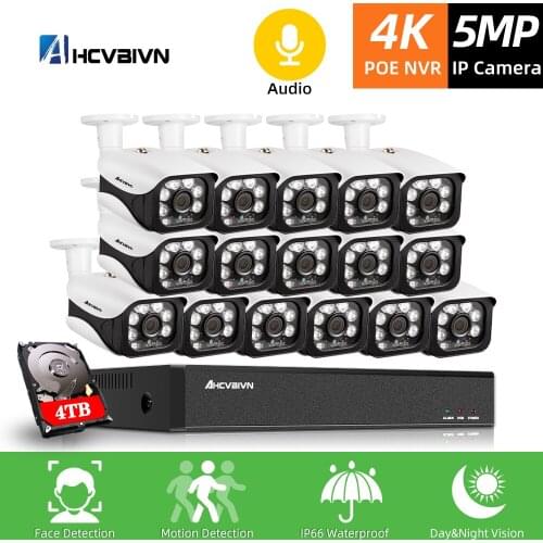 5MP 4K 16CH POE NVR Kit CCTV Security Camera System Kit Outdoor Waterproof Audio POE IP Camera Video Surveillance Camera Kit
