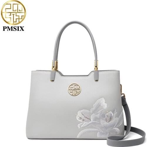 PMSIX Fashion Leather Women Handbags Embroidery Design Brand Female Shoulder Bags Luxury Elegant Ladies Large Capacity Handbag