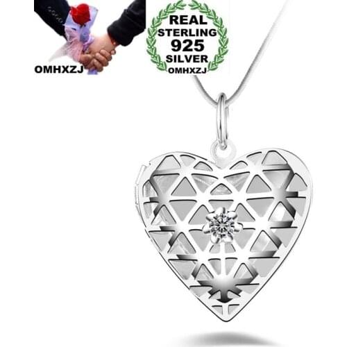 OMHXZJ Wholesale Personality Fashion OL Woman Girl Gift White Heart AAA Zircon 925 Sterling Silver Charm Pendant Necklace CH69