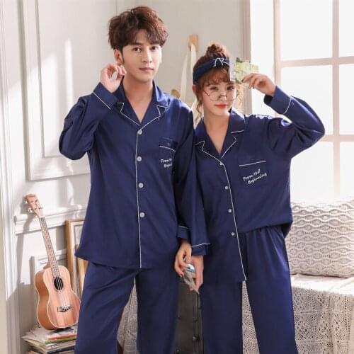 Spring Autumn Sexy Satin Pyjama Loose Men Women Couple Rayon Long Sleeve Pijama Set Sleepwear Top+ Pant Young Lover Pajamas