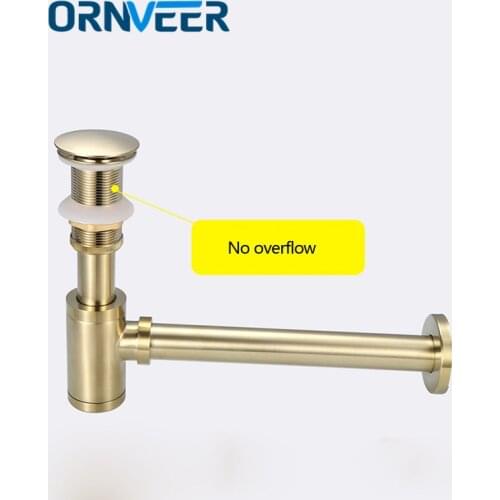 Luxury Gold Bottle Trap Brass Round Siphon Brushed Gold P-TRAP Bathroom Vanity Basin Pipe Waste With Pop Up Drain