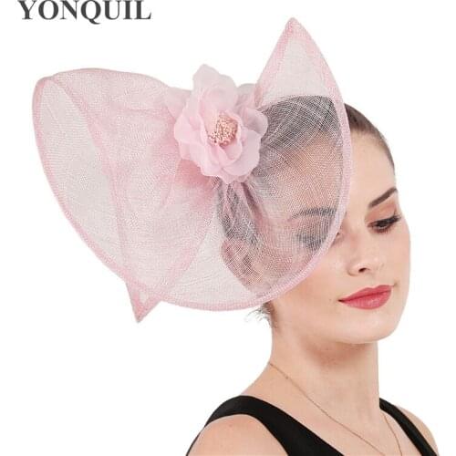 Pink Wedding Holiday Mesh Sinamay Fascinator Hat For Women Feather SILK Flower Party Church Tea Derby Fedora Pillbox Hats SYF665