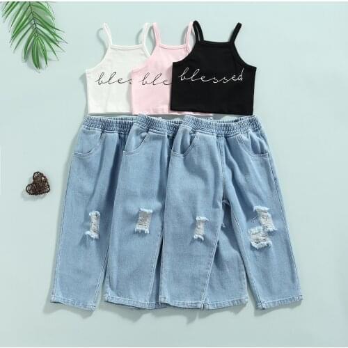 Summer Kids Girls 2-7Y Clothes Sets 3 Colors Letter Printed Strapless Vest Tops Blue Denim Pants