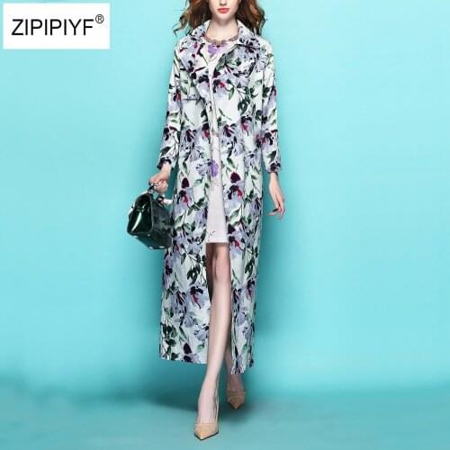 2018 Spring and Autumn Long-sleeve Luxury Floral Printing Ultra Long British Style Trench OL Outfit Vintage Overcoat B376