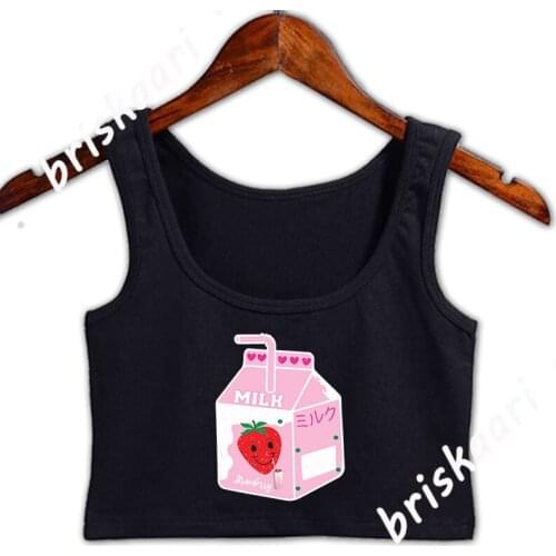 Funny Retro Japanese Kawaii Strawberry Milk Crop Top Female Euro Size S-4xl Sleeveless Graphic Tank Top Casual Printing Vest
