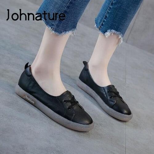 Johnature Autumn 2020 New Flats Women Shoes Genuine Leather Shallow Round Toe Casual Handmade Concise Leisure Ladies Shoes